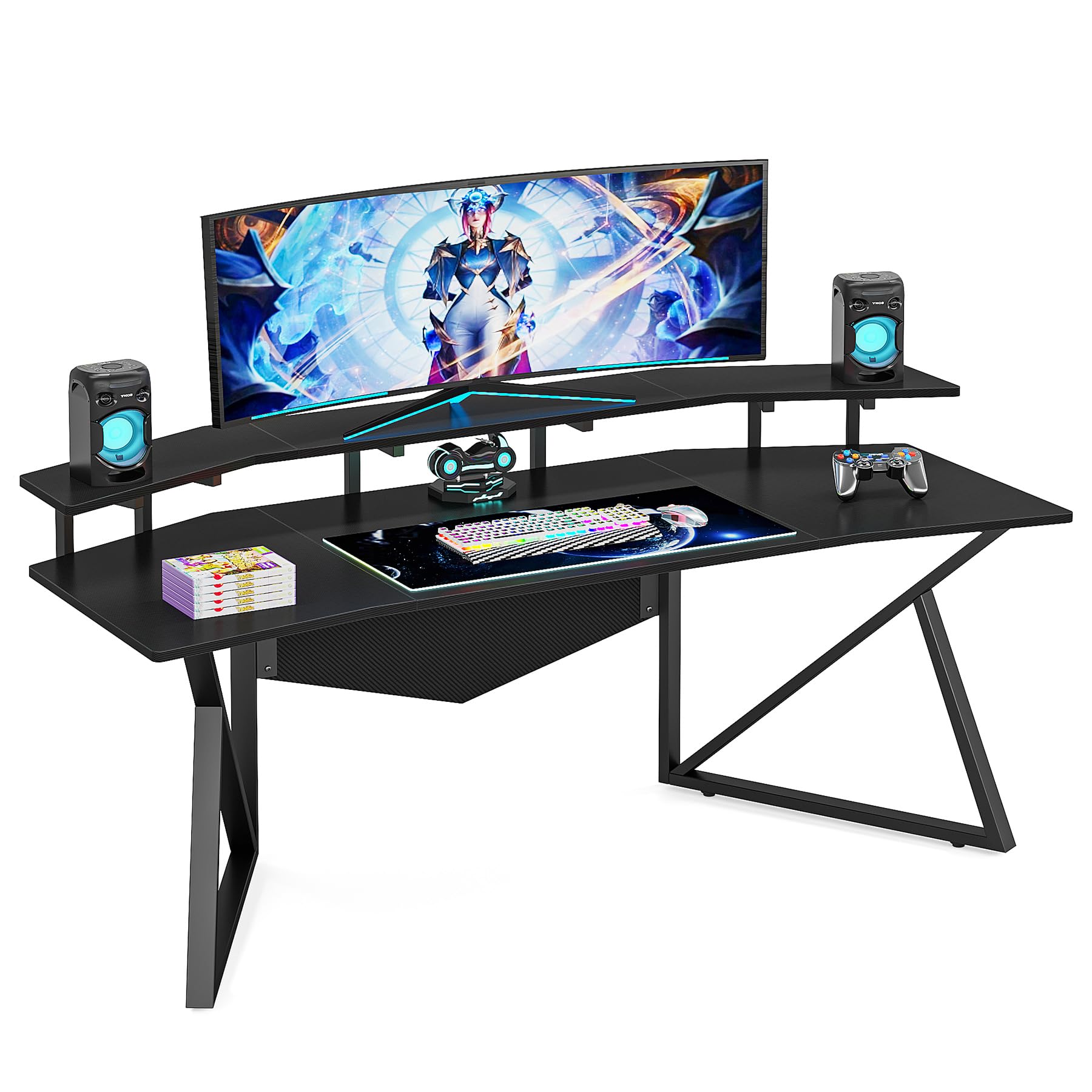 Tribesigns Computer Desk, 70.9" Large Home Office Desk with Monitor Stand, Modern Wing-Shaped Gaming Studio Desk Study Table Workstation for Live, Streamer, Black