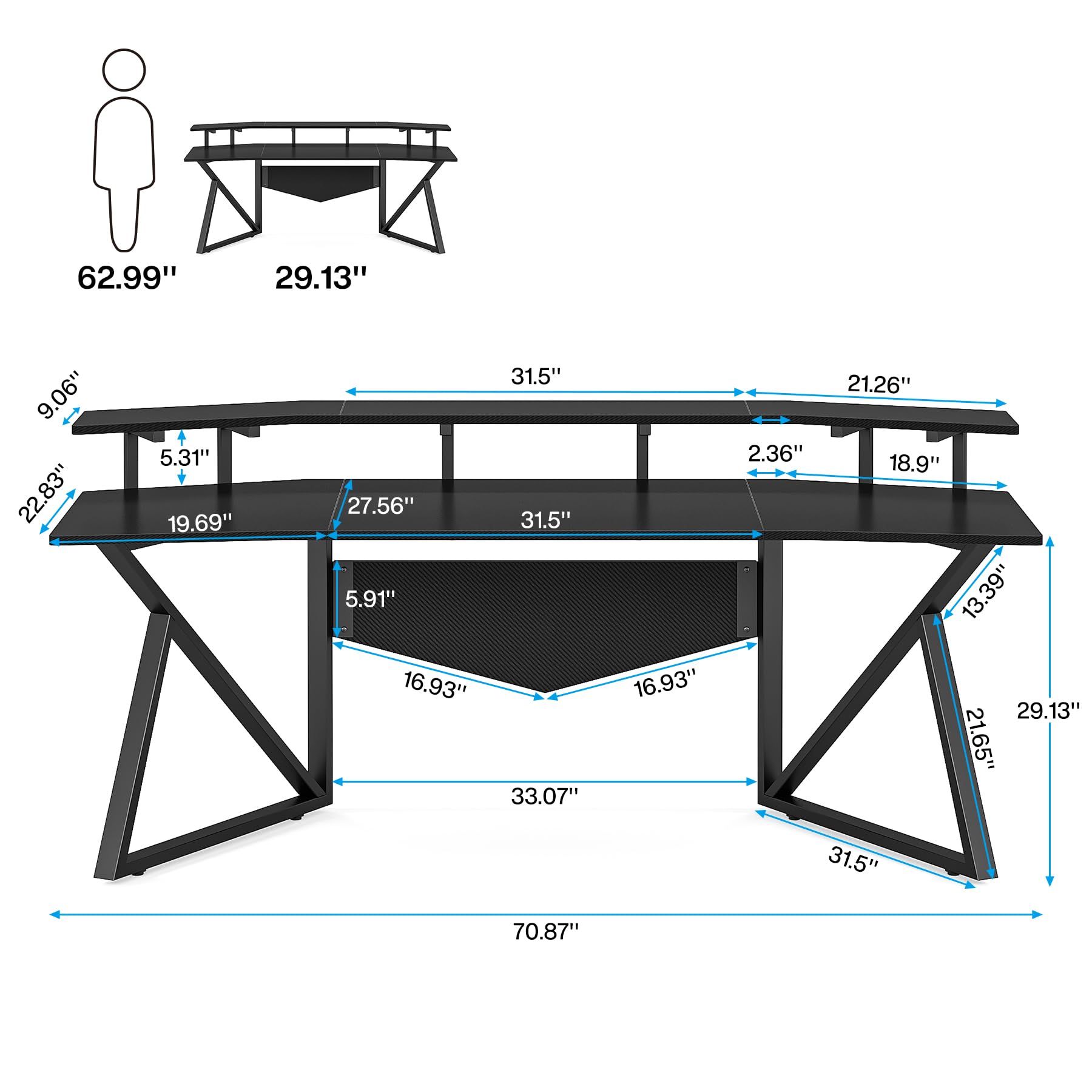 Tribesigns Computer Desk, 70.9" Large Home Office Desk with Monitor Stand, Modern Wing-Shaped Gaming Studio Desk Study Table Workstation for Live, Streamer, Black