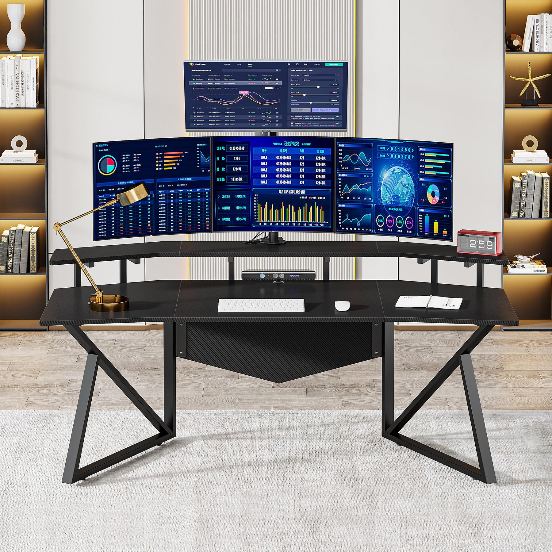 Tribesigns Computer Desk, 70.9" Large Home Office Desk with Monitor Stand, Modern Wing-Shaped Gaming Studio Desk Study Table Workstation for Live, Streamer, Black