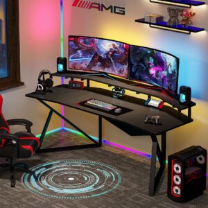 Tribesigns Computer Desk, 70.9" Large Home Office Desk with Monitor Stand, Modern Wing-Shaped Gaming Studio Desk Study Table Workstation for Live, Streamer, Black