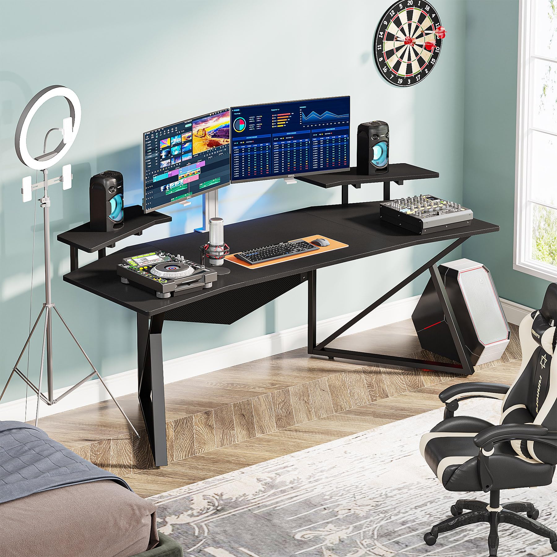 Tribesigns Computer Desk, 70.9" Large Home Office Desk with Monitor Stand, Modern Wing-Shaped Gaming Studio Desk Study Table Workstation for Live, Streamer, Black