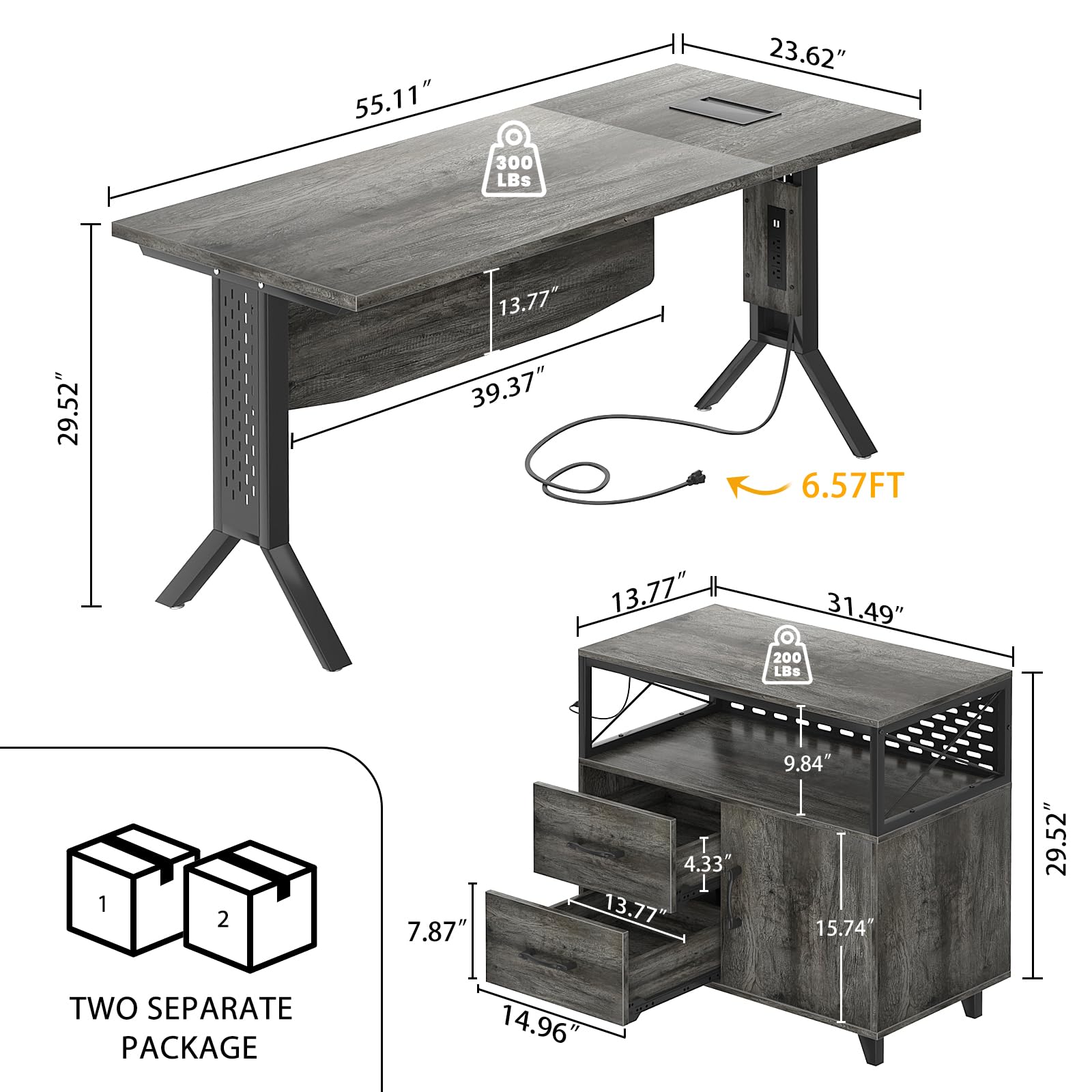 Homieasy L Shaped Office Desk with Storage Cabinet and Recessed Power Strip LED Strip, 55 Inch Thickened Heavy Duty Executive Computer Desk with 2 Drawers and 1 Door Cabinet, Black Oak F15