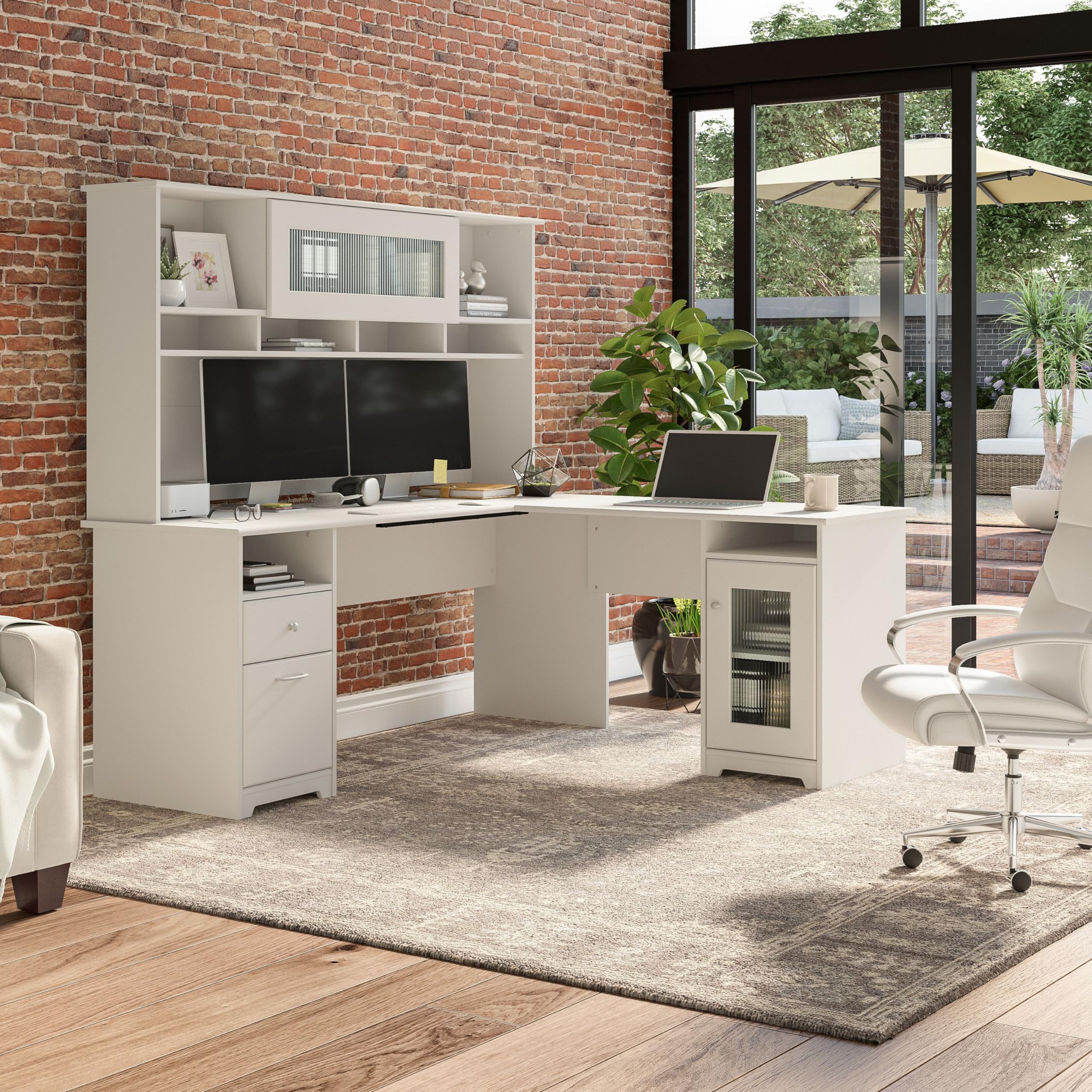 Bush Furniture Cabot L Shaped Computer Desk with Hutch and Storage, 72W, White