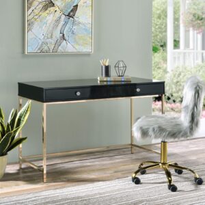 daesar computer writing desk with two drawer, black high gloss & gold finish