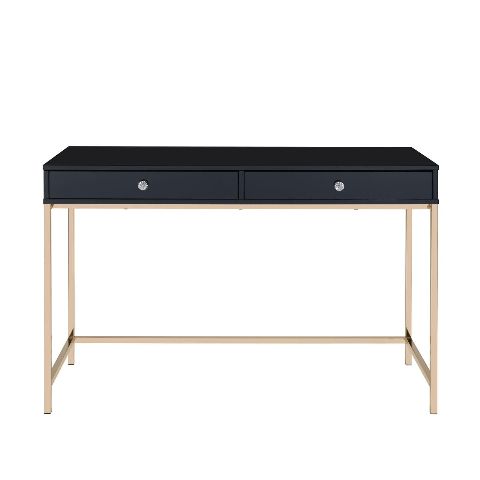 Daesar Computer Writing Desk with Two Drawer, Black High Gloss & Gold Finish