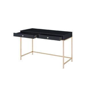 Daesar Computer Writing Desk with Two Drawer, Black High Gloss & Gold Finish