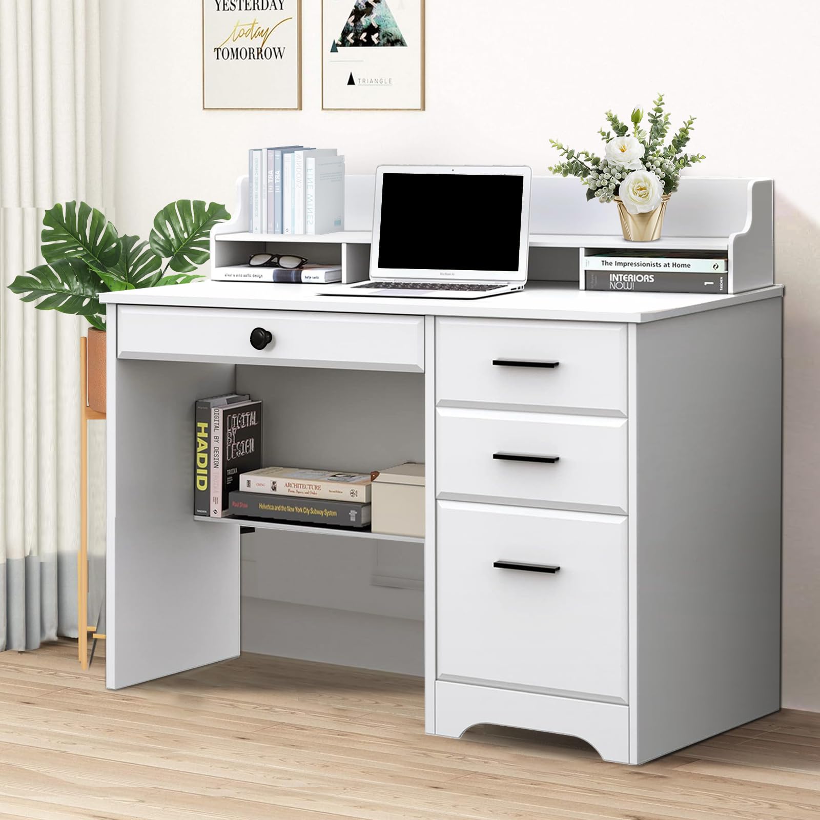 Catrimown Computer Desk with 4 Drawers and Hutch, Home Office White Writing Desk with File Drawer and Shelves for Small Spaces, Small Desk Study Table for Bedroom