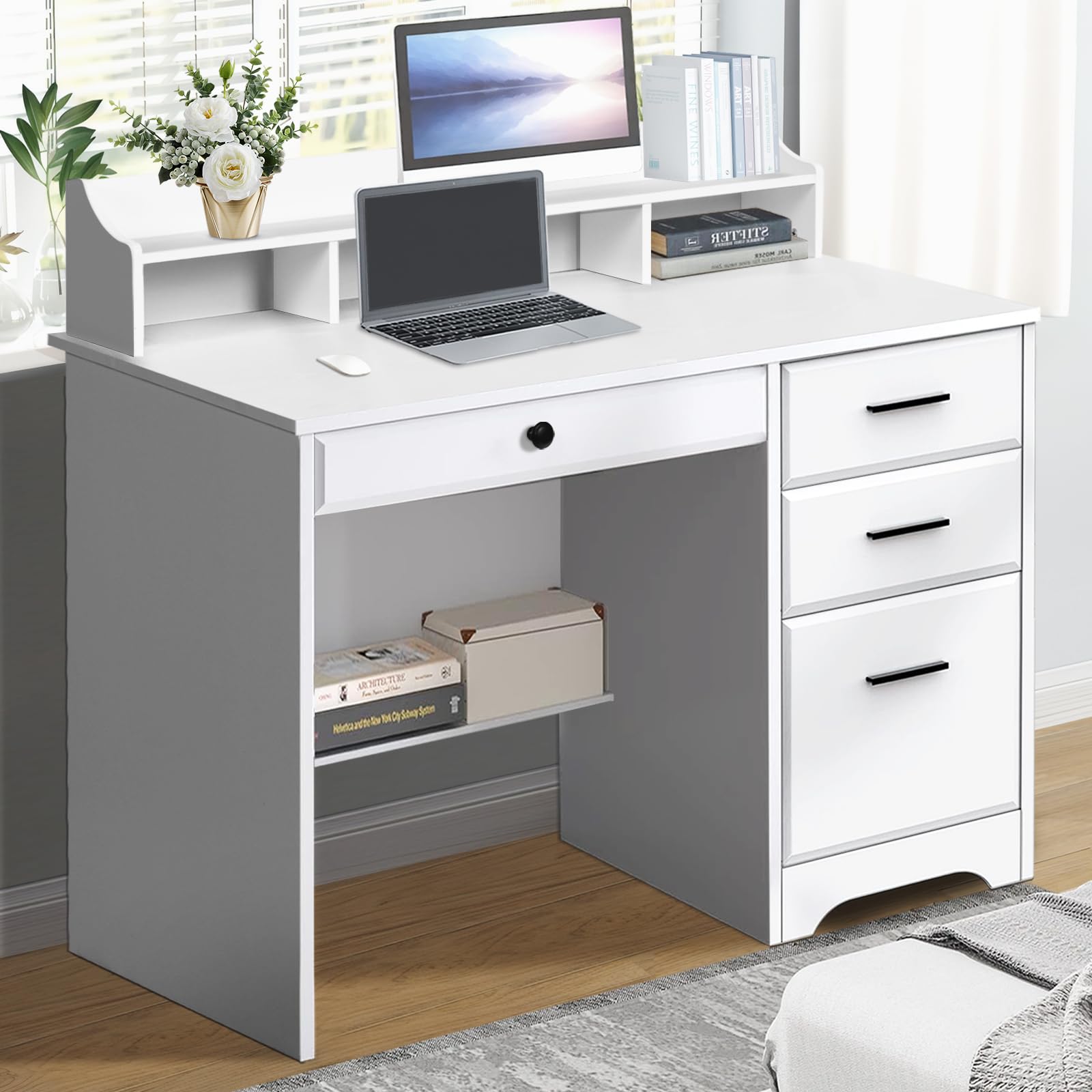 Catrimown Computer Desk with 4 Drawers and Hutch, Home Office White Writing Desk with File Drawer and Shelves for Small Spaces, Small Desk Study Table for Bedroom