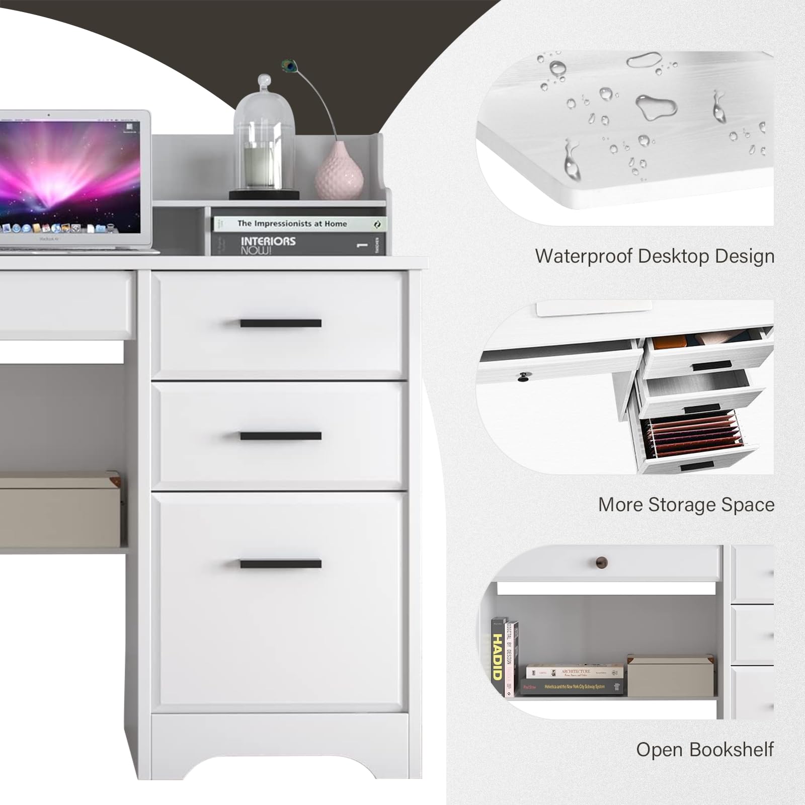 Catrimown Computer Desk with 4 Drawers and Hutch, Home Office White Writing Desk with File Drawer and Shelves for Small Spaces, Small Desk Study Table for Bedroom