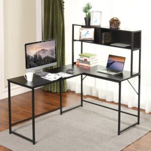 ridfy industrial l-shaped desk with hutch, reversible corner computer desk with storage shelves, home office study writing desk computer workstation with storage bookshelf, black