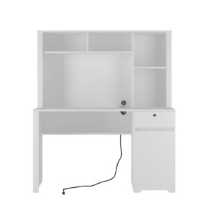 HESIEU Wooden Office Desk Computer Desk with Drawers and Cabinets Open Shelf Writing Desk Workstation Comes with 3 AC Outlets and 2 USB Charging Ports for Office Study Living Room