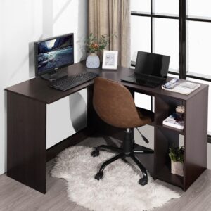 ridfy l-shaped corner computer desk with 2 storage/book shelves, home office wood workstation with storage shelves for work study writing gaming, deep brown