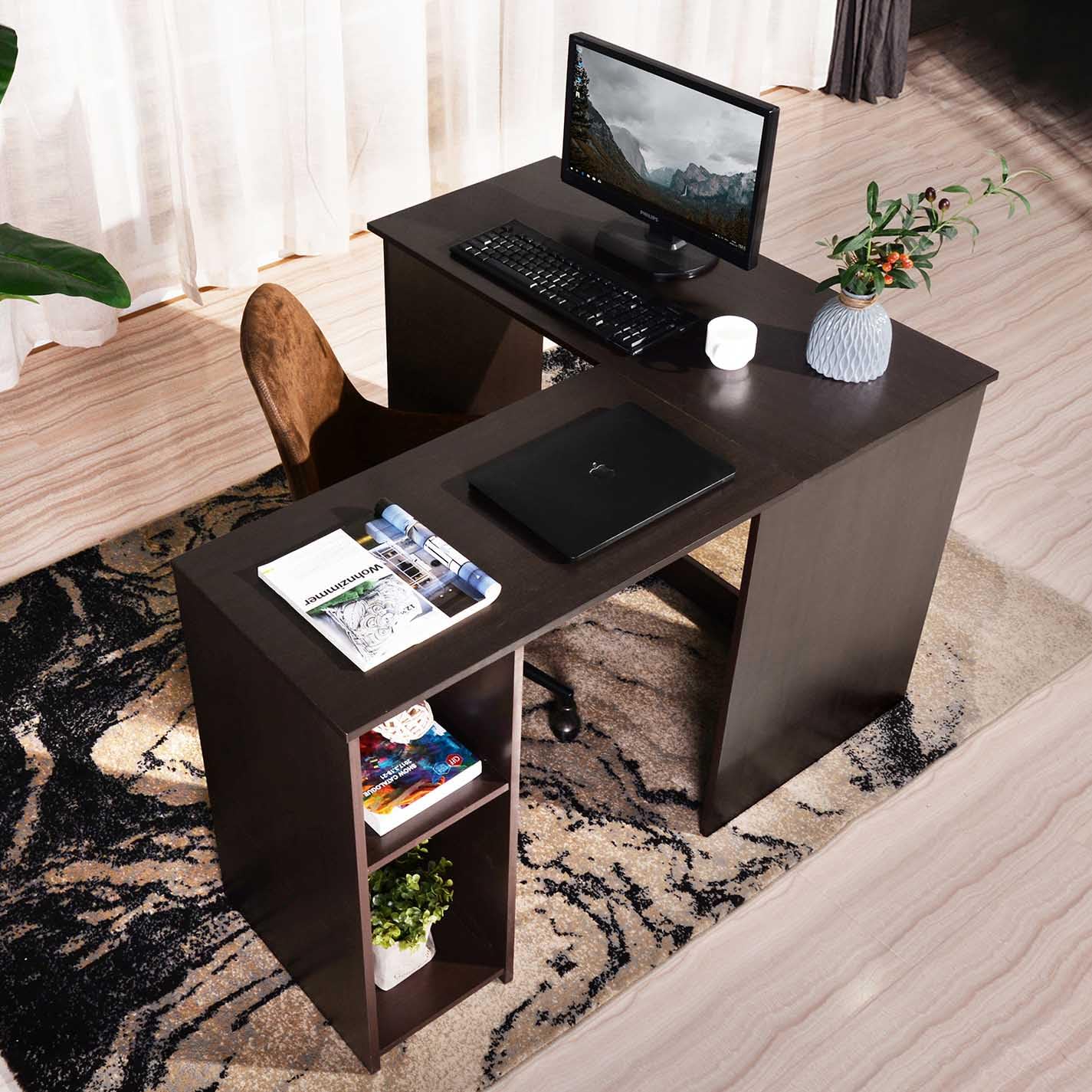 RIDFY L-Shaped Corner Computer Desk with 2 Storage/Book Shelves, Home Office Wood Workstation with Storage Shelves for Work Study Writing Gaming, Deep Brown