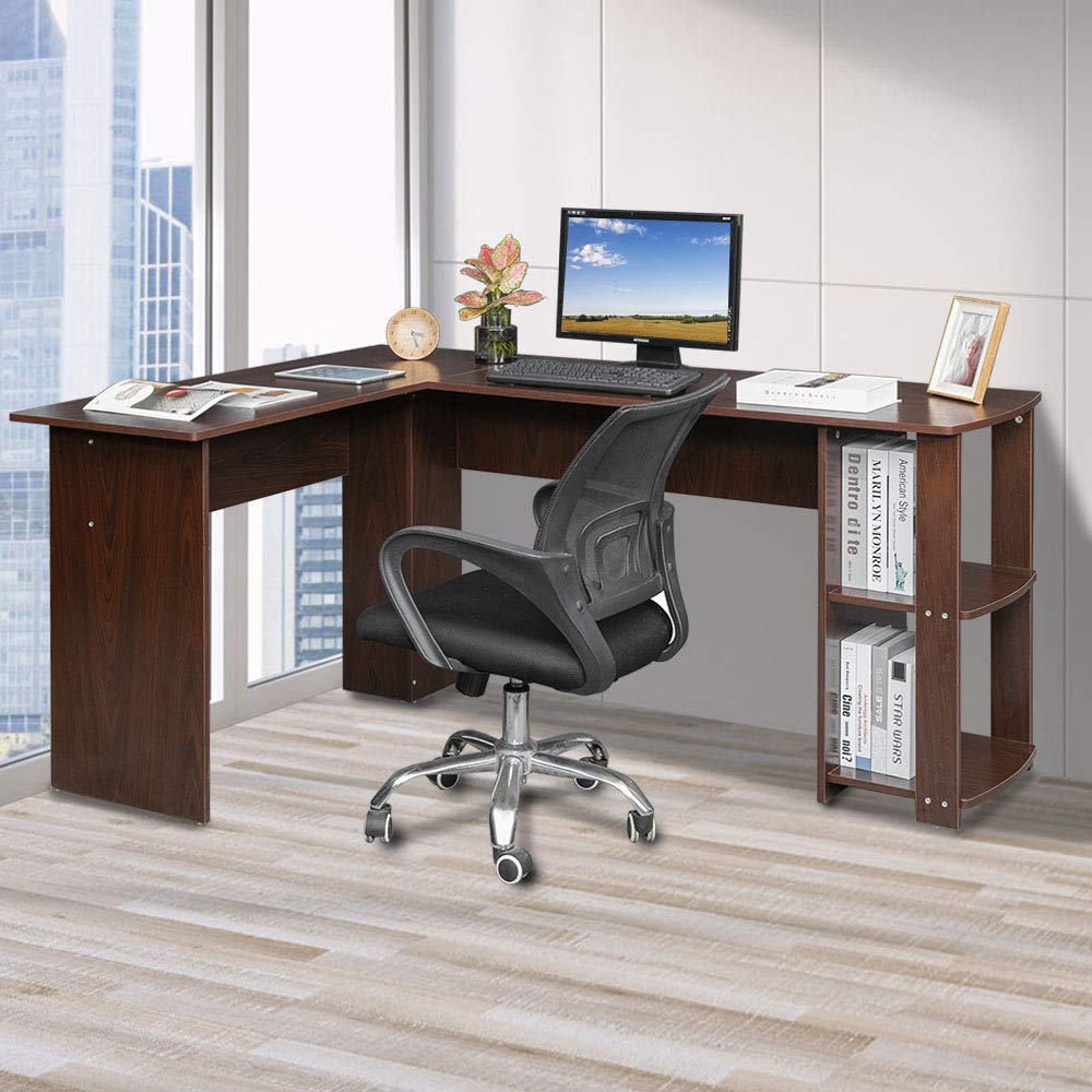 Dark Brown Computer Desk Corner Desk with Shelves, Home Office Desk, L-Shaped Desk Table Workstation Writing Table with Storage Shelves 52.75" H x 19.67 "Lx 27.56" H