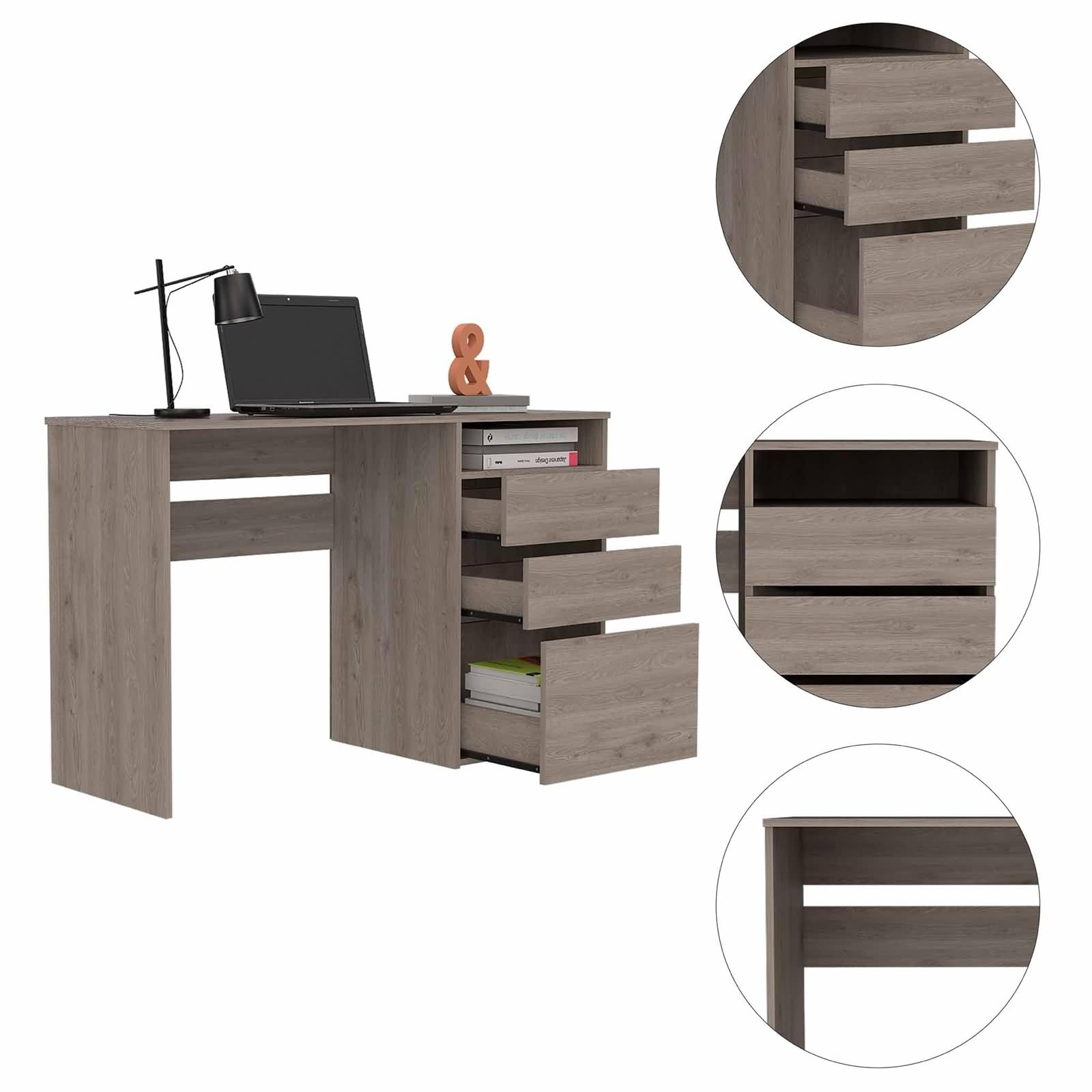 Daesar Writing Desk, 1 Shelf 3 Drawer Computer Desk for Bedroom, Light Grey