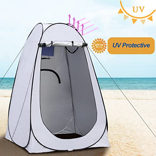 TUKAILAI Portable Pop Up Privacy Tent, Outdoor Camping Bathroom Toilet Shower Tent Spacious Dressing Changing Room for Hiking Beach Picnic Fishing, Instant Rain Shelter with Carrying Bag (White Grey)