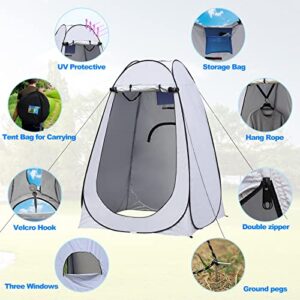 TUKAILAI Portable Pop Up Privacy Tent, Outdoor Camping Bathroom Toilet Shower Tent Spacious Dressing Changing Room for Hiking Beach Picnic Fishing, Instant Rain Shelter with Carrying Bag (White Grey)