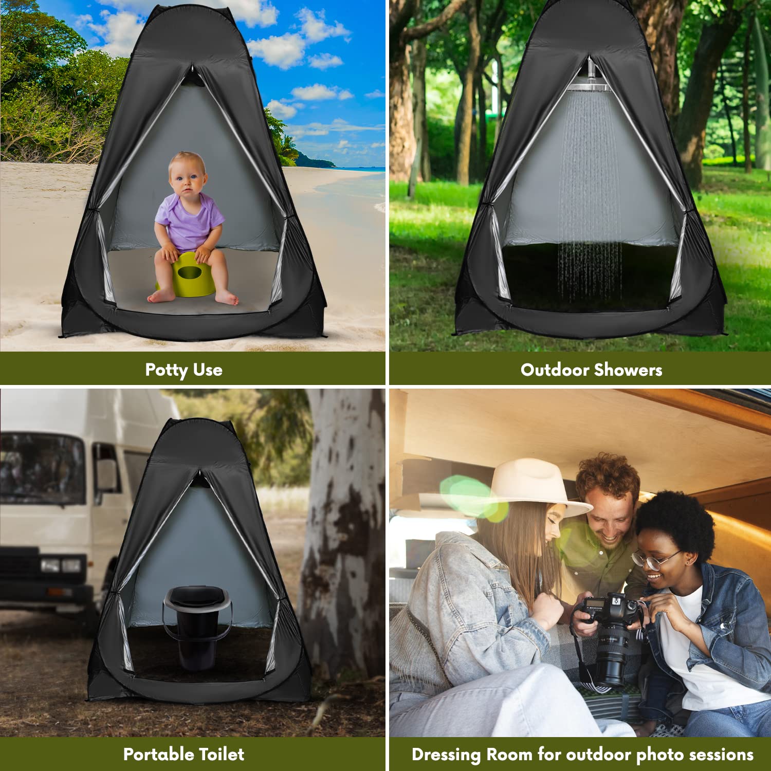 Pop Up Large Privacy Tent - 5 x 5 x 7Ft - Oversized Strong Camping Toilet Tent- Portable Camp Shower Pod w/Hooks- Porta Pod- Outdoor Bathroom, Potty, Changing Private Room (Black)