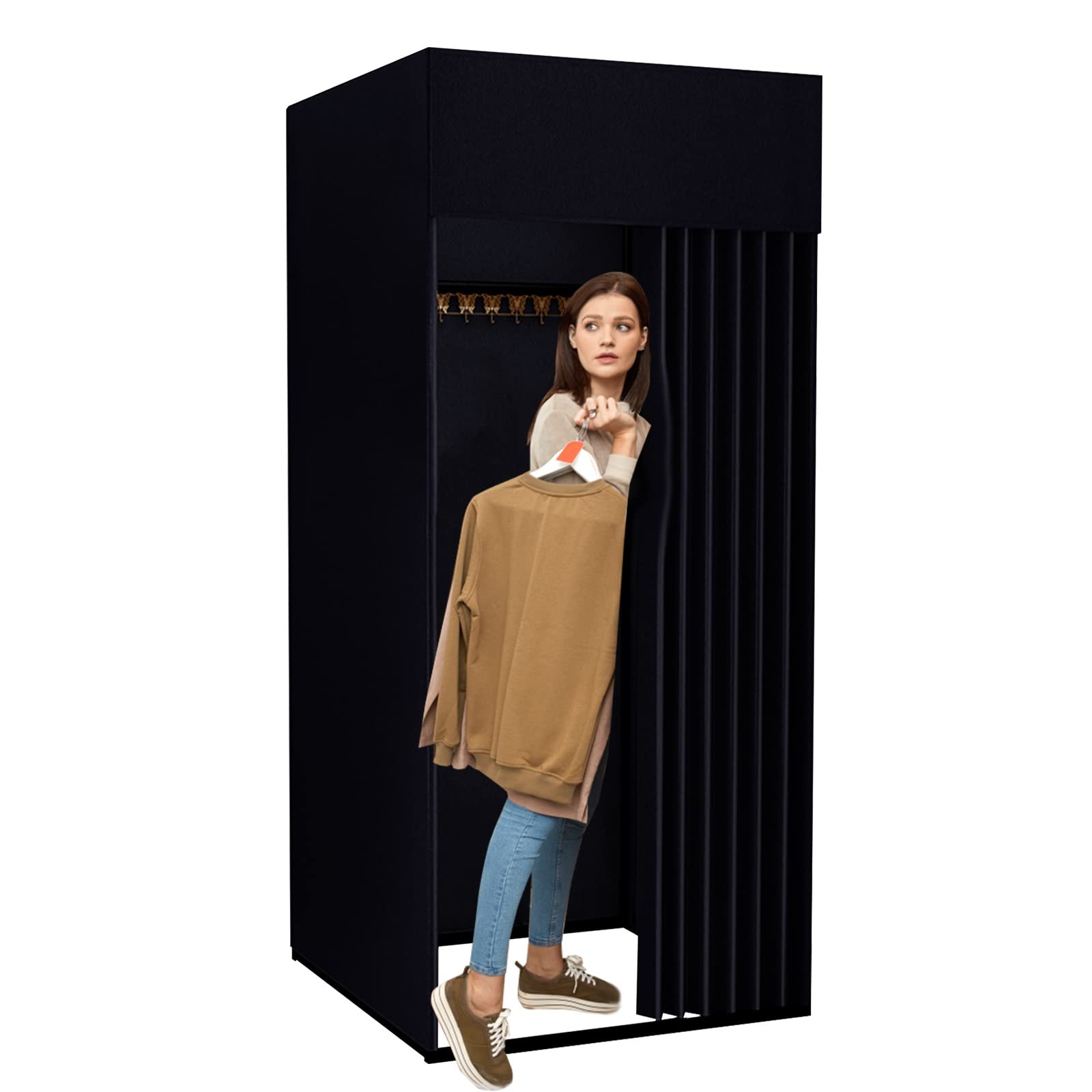 ZICHOUYING Clothing Store Fitting Room, Portable Dressing Room, Movable Changing Room for Boutique with Shading Fabric Cloth Privacy Curtains Screen for Bar Party Pool (Black)