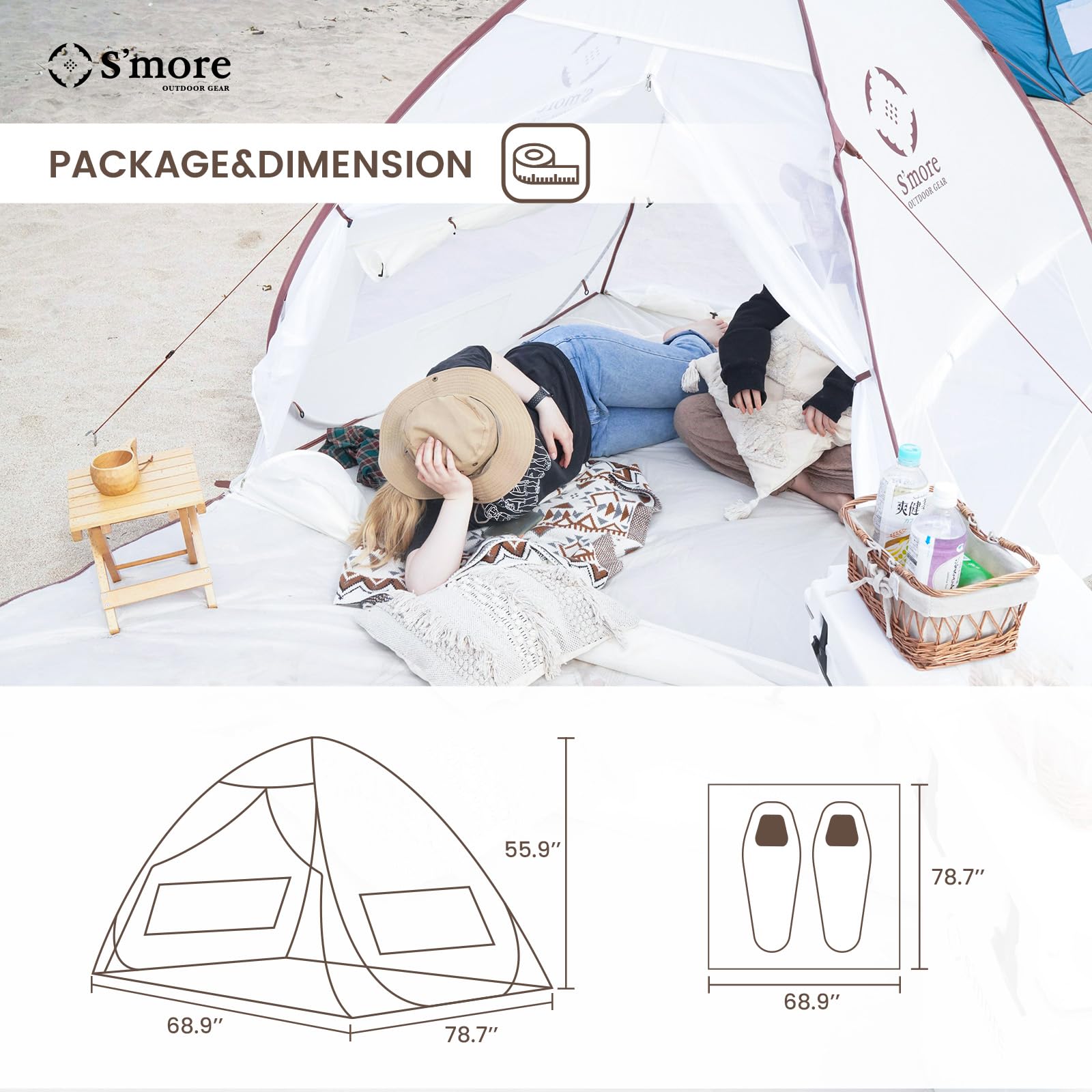 S'more Colline 2 Person Beach Tent, Lightweight & Easy Set Up Pop up Tent, Instant Tent with UV Protection, UFP 30+ Quick Portable Sun Shade Shelter for Beach,Picnic, Backyard, Festival