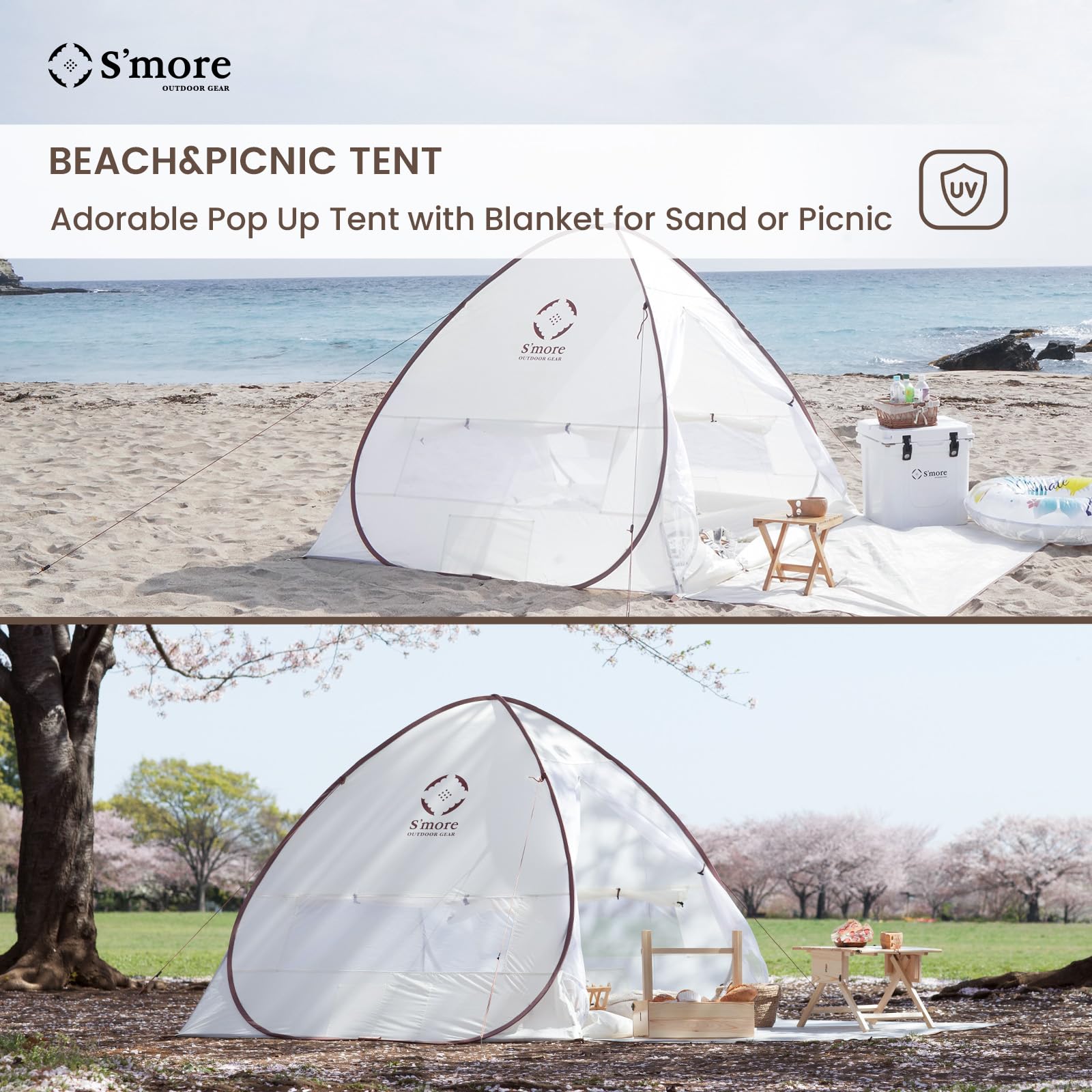 S'more Colline 2 Person Beach Tent, Lightweight & Easy Set Up Pop up Tent, Instant Tent with UV Protection, UFP 30+ Quick Portable Sun Shade Shelter for Beach,Picnic, Backyard, Festival