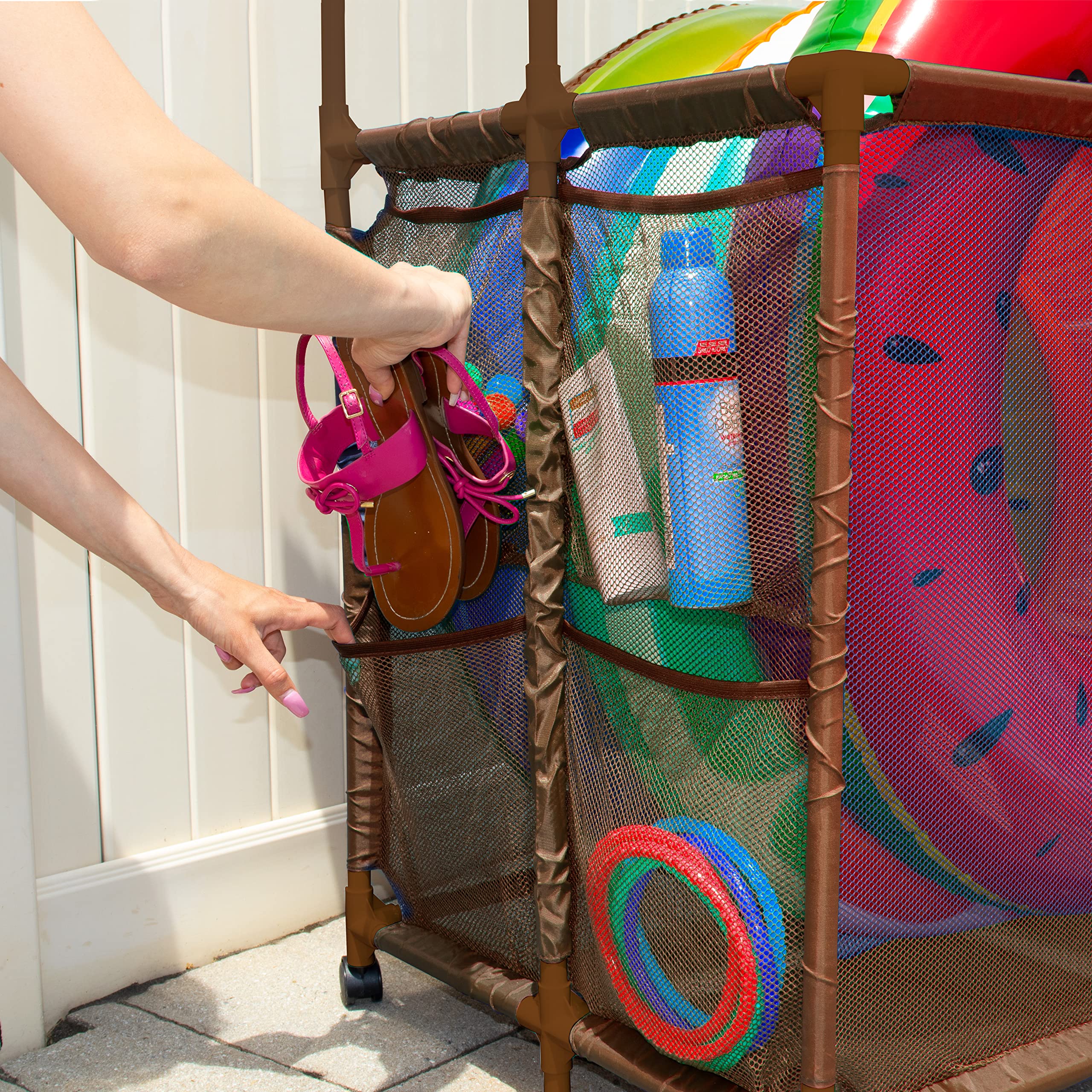 Pool Bins Pool Storage Equipment Organizer Holder - Noodles, Toys, Balls and Floats Mesh Rolling Double Decker Bin, Large with Noodle Rack, (23" L x 35.3" W x 59.4" H), Brown