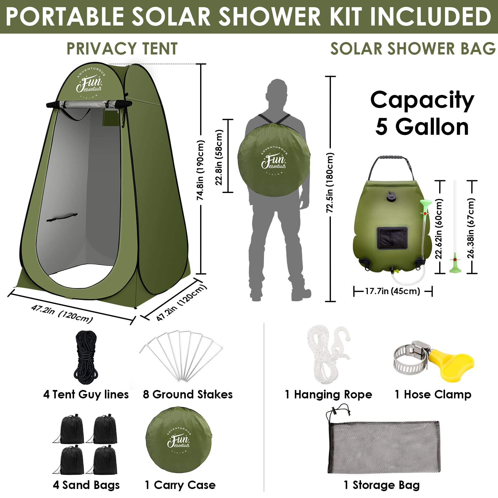 FUN ESSENTIALS Solar Shower Tent Kit, 2 Pcs, Instant Pop Up Privacy, 5 Gallon Solar Shower Bag, Sun Canopy Beach Outdoor Camp Privacy Tent, Easy Set Up, Foldable