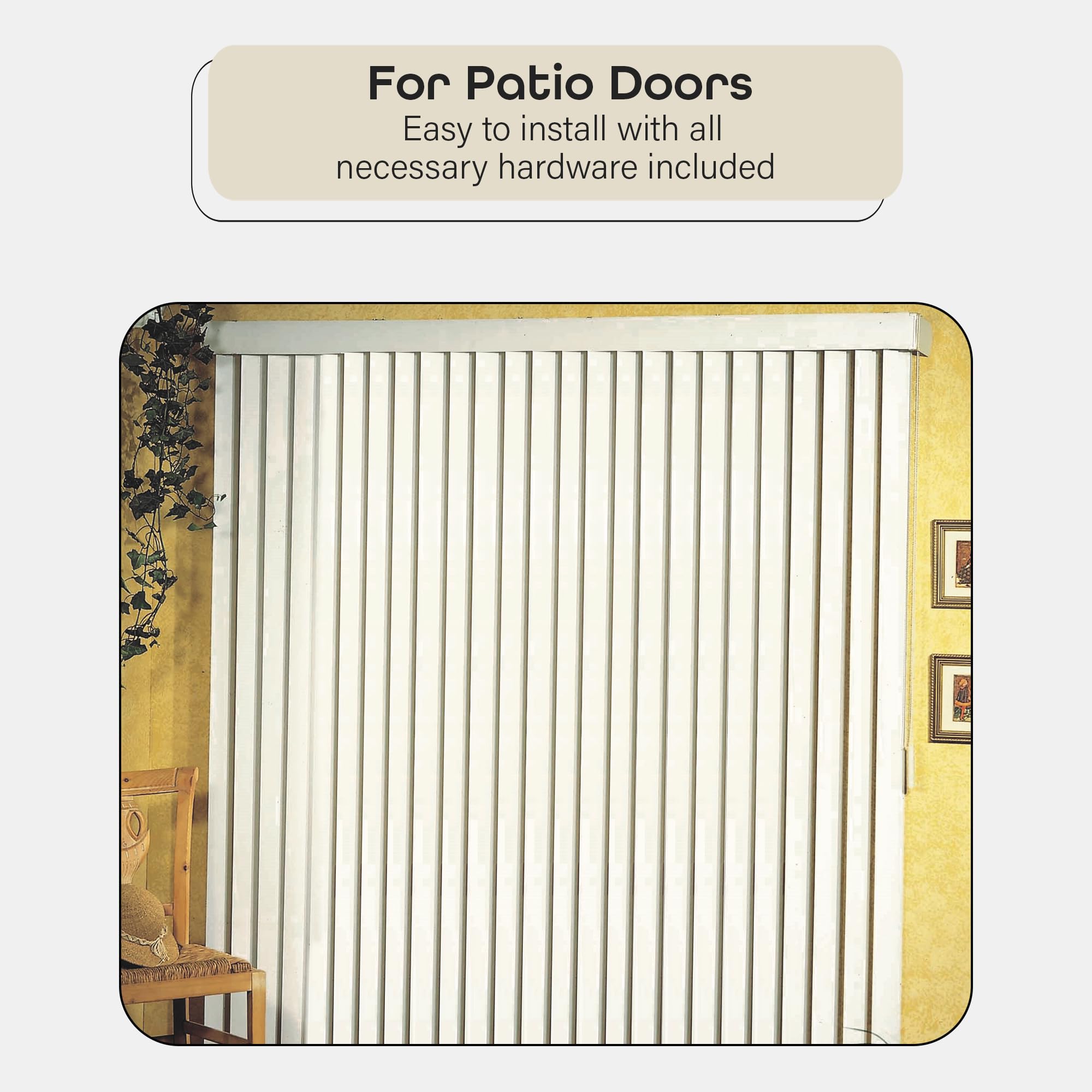 Vertical Hard Window Patio Blinds - White, 84" L x 78" W Ribbed & 3-1/2-Inch Vane - Easy Installation for All Patio Doors, Hardware Included - Aluminum Track for Durability, Anti-Static Slats