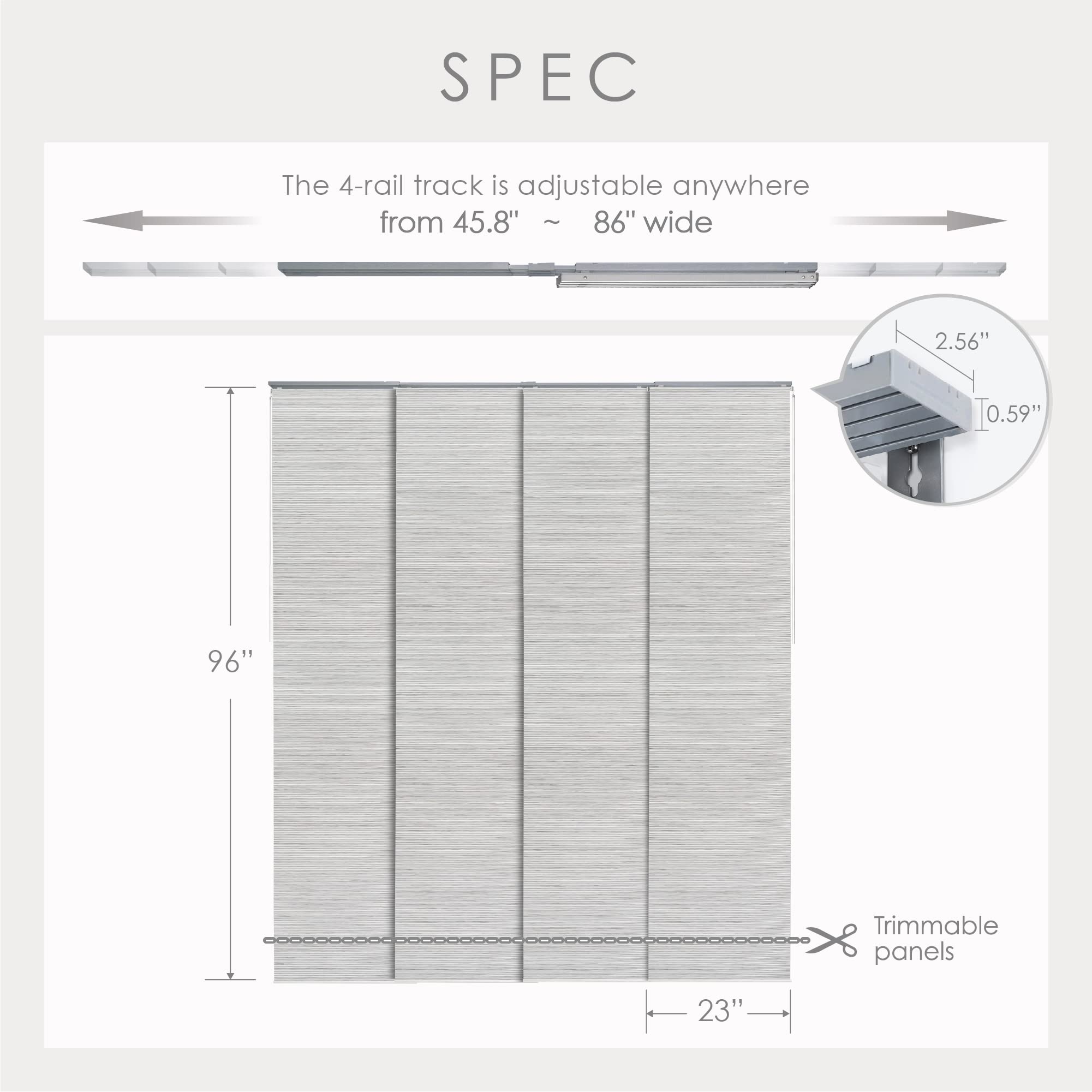 GoDear Design Adjustable Vertical Blinds, Panel Track Blinds, Sliding Glass Door Blinds, Closet Doors, Room Dividers, Extendable Track from 45.8" to 86" W, Trimmable Panel Curtains Up to 96" H, Marble