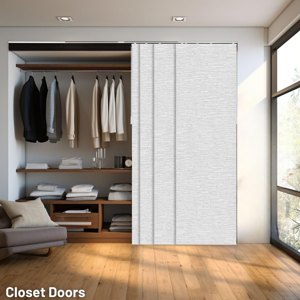 CHICOLOGY Embossed Textured Weave Fabric, Sliding Door Blinds , Room Divider ,Vertical Blinds for Patio Doors , Sliding Glass Door Blinds, Chalk White, W:46-86 x H: Up to-96 inches