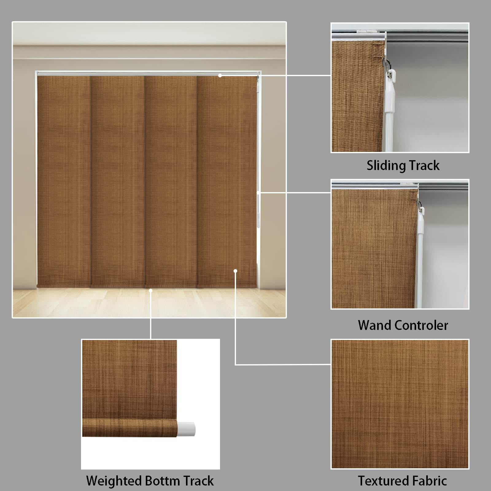 LETAU Cordless Track Blinds Slidding Panels, 100% Blackout Made to Order Vertical Blinds for Slidding Doors, Large Windows, Open Spaces and Room Dividers, Light Brown