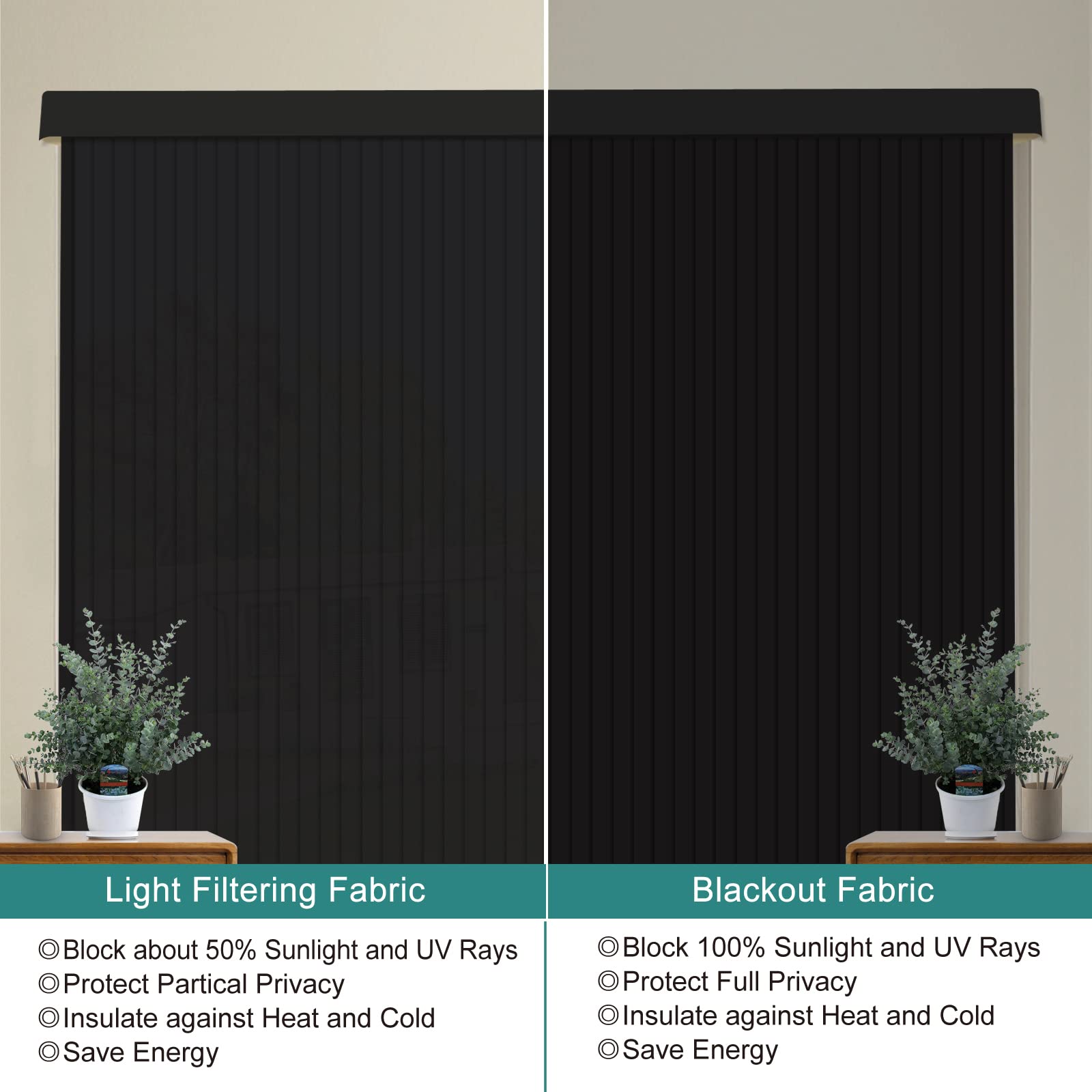 Cordless Blackout Vertical Blinds, Black Custom 3.5 Inches Slat Fabric Window Blinds, Vertical Shades UV Protection Super Large Size to 104" W for Large Windows, Sliding Doors and Patio Doors