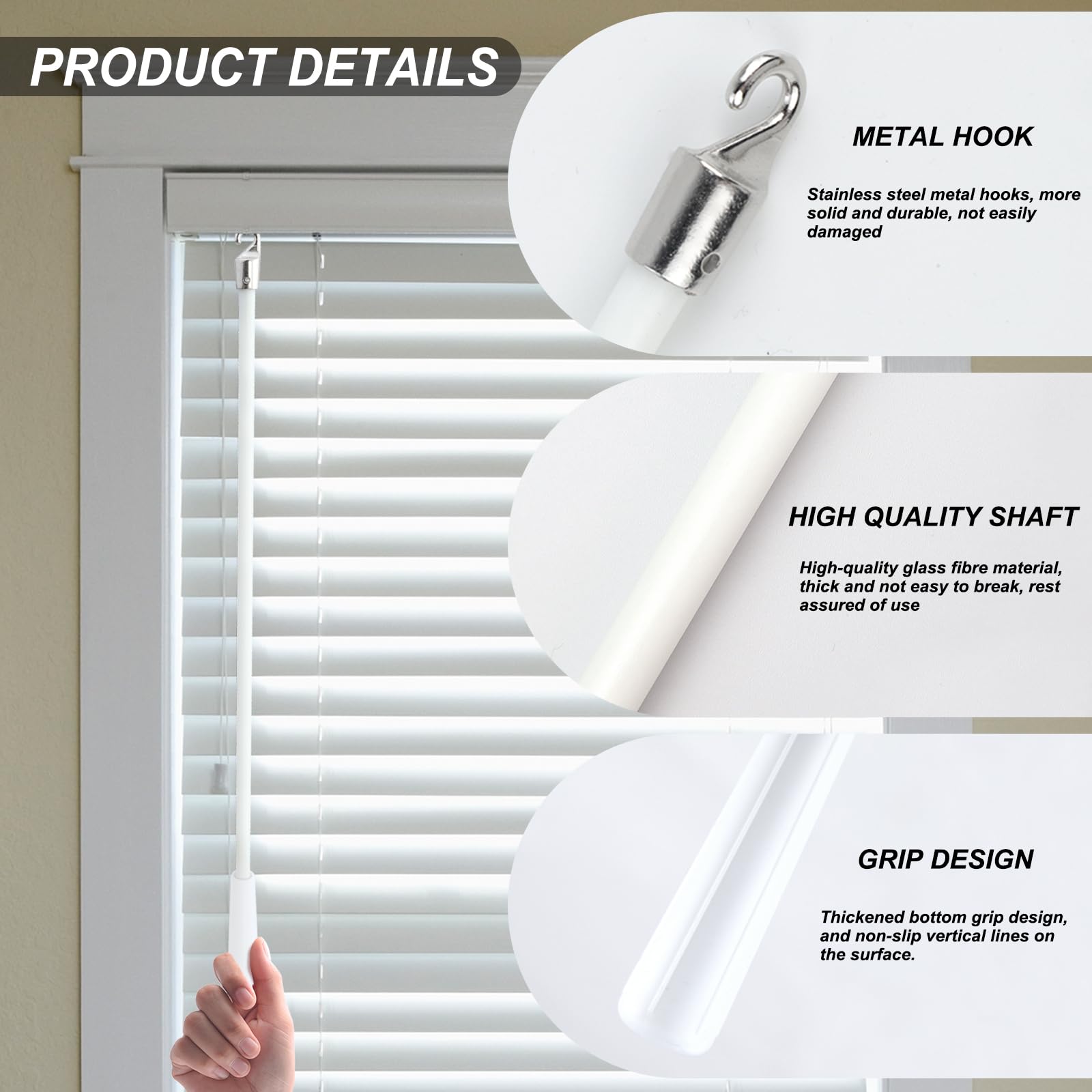 12 Inch White Fiberglass Blind Wand with Metal Hook, Window Blind Tilt Wand, Vertical Blind Wand Control Replacement Parts, Handle Curtain Stick Blind Rods for Opener Accessory, 1Pcs