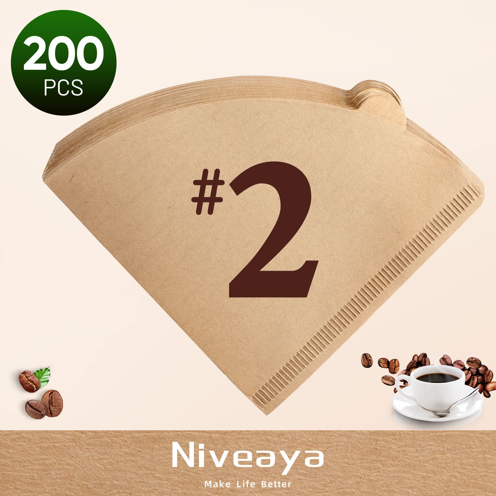 Niveaya 200 Count Coffee Filters - Size 02, Natural Paper Coffee Filter, No Blowout, Disposable for Pour Over and Drip Coffee Maker (2-4 Cup)