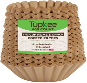 tupkee coffee filters 8-12 cups - 600 count, basket style, natural brown unbleached coffee filter, made in the usa