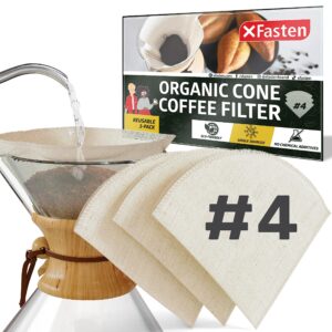 xfasten organic hemp cloth cone coffee filters no. 4 3-pack unbleached cloth reusable coffee filters 8-12 cup; compatible with chemex and v60 coffee makers | reusable pour over number 4 coffee filters