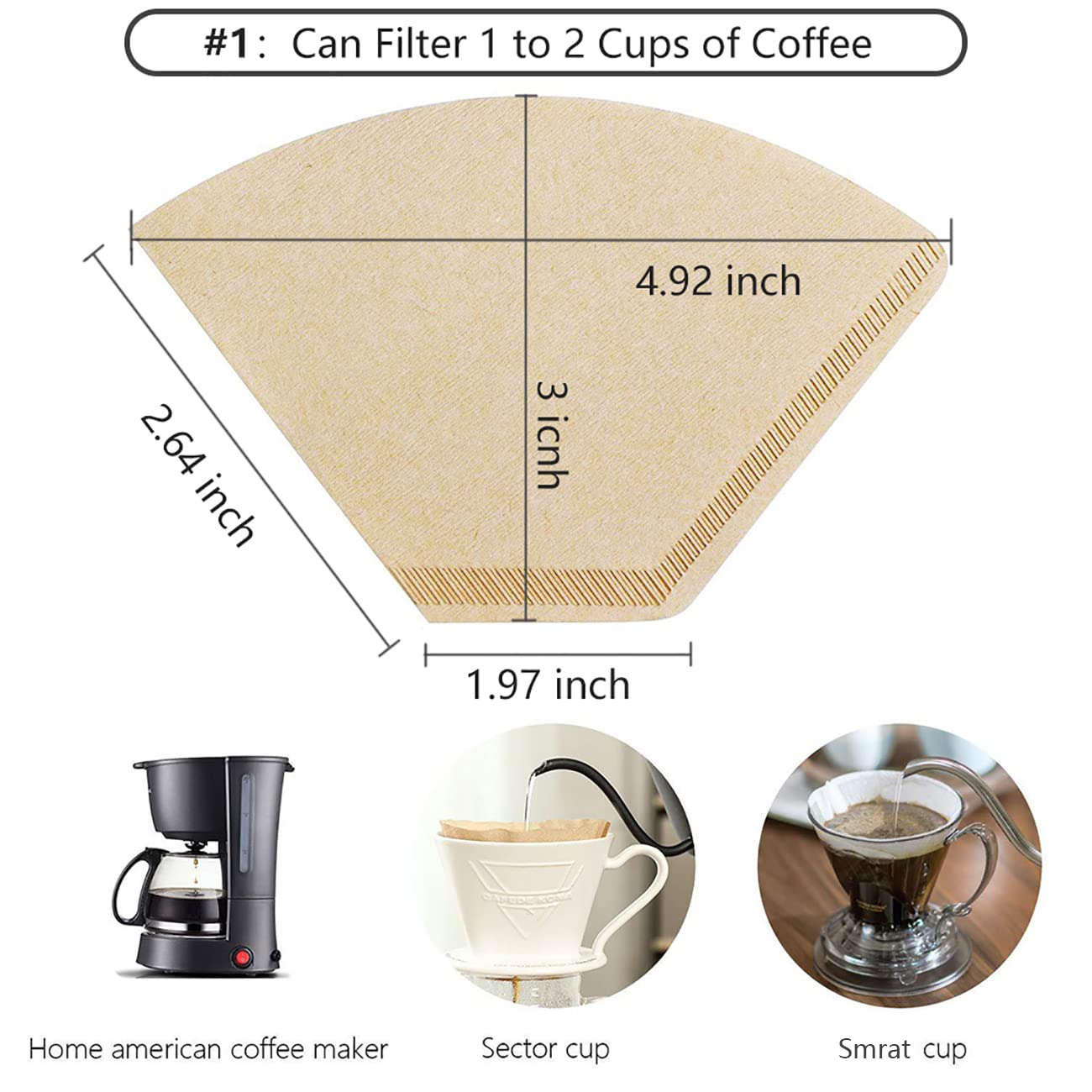 Coffee Filter #1, Disposable Coffee Filter Paper Natural Brown Cone Coffee Filters Unbleached U Shape Fit for Pour Over Coffee Cup, Coffee Maker(Brews 1-2 Cups,100 Count)