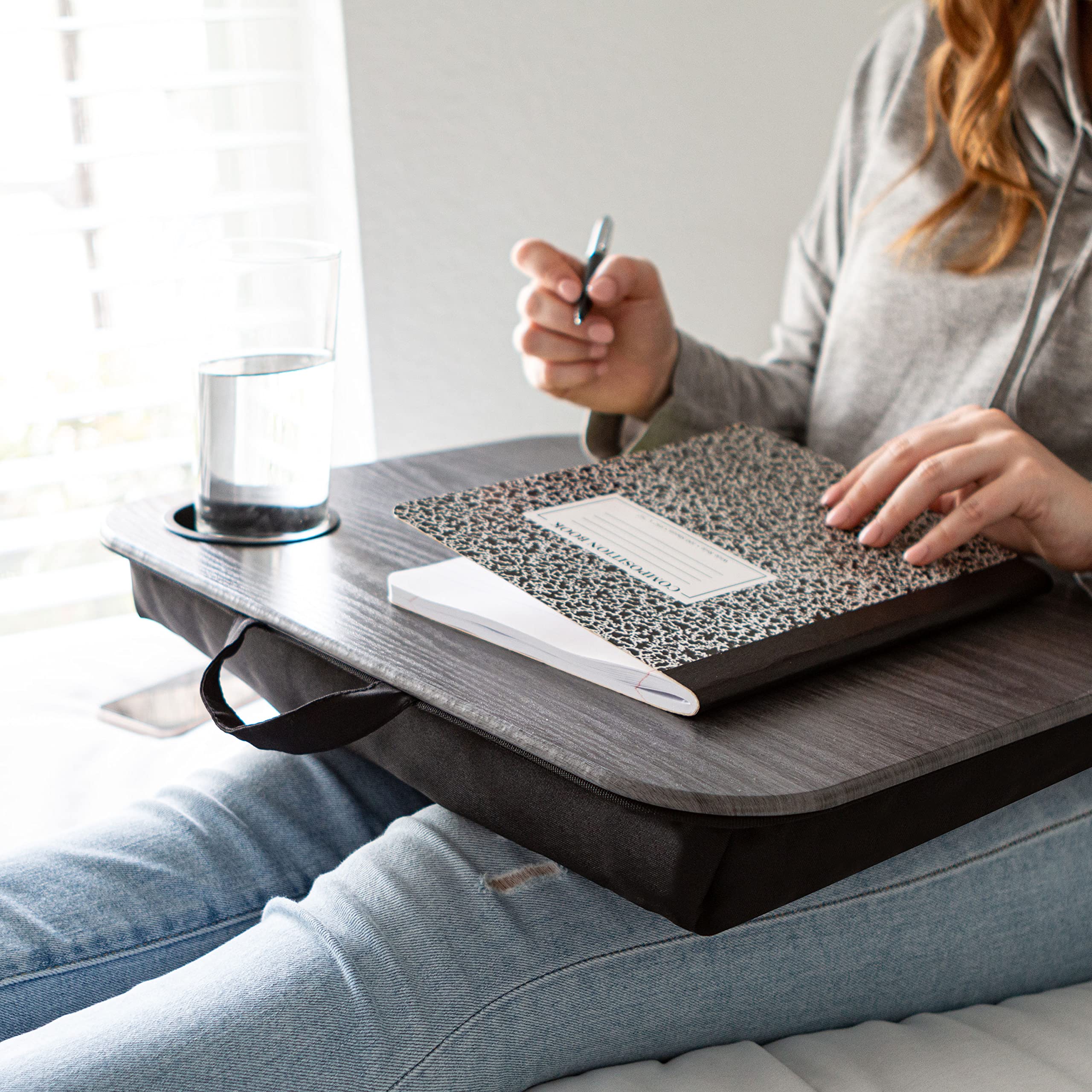 LAPGEAR Cup Holder Lap Desk with Device Ledge - Gray Woodgrain - Fits up to 14 Inch Laptops - Style No. 46325