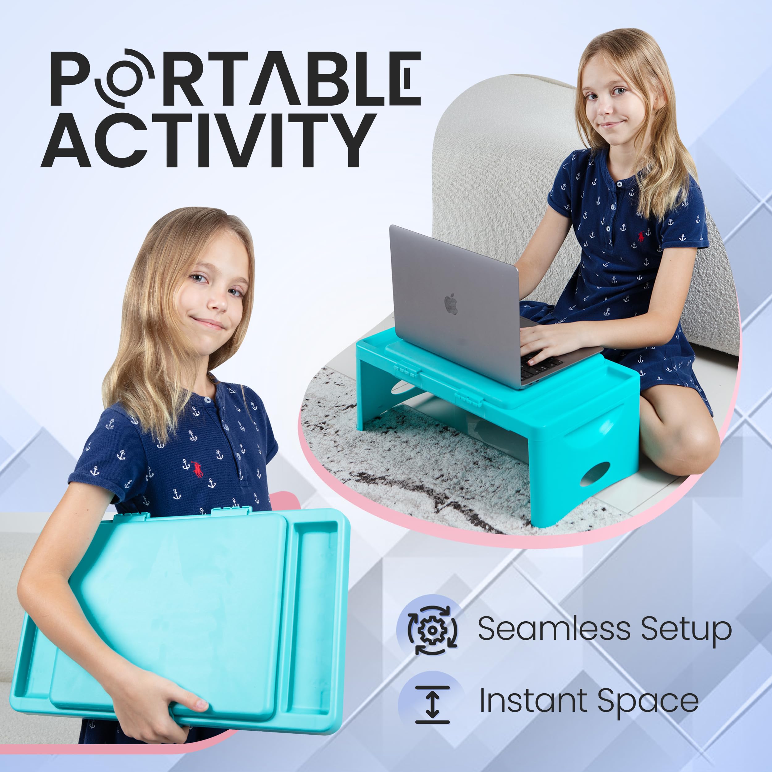 Foldable Lap Desk with Storage Pocket- | Perfect use for Children's Activites, Travel, Breakfast in Bed, Gaming and Much More! Great for Kids and Teens! (Teal Blue)