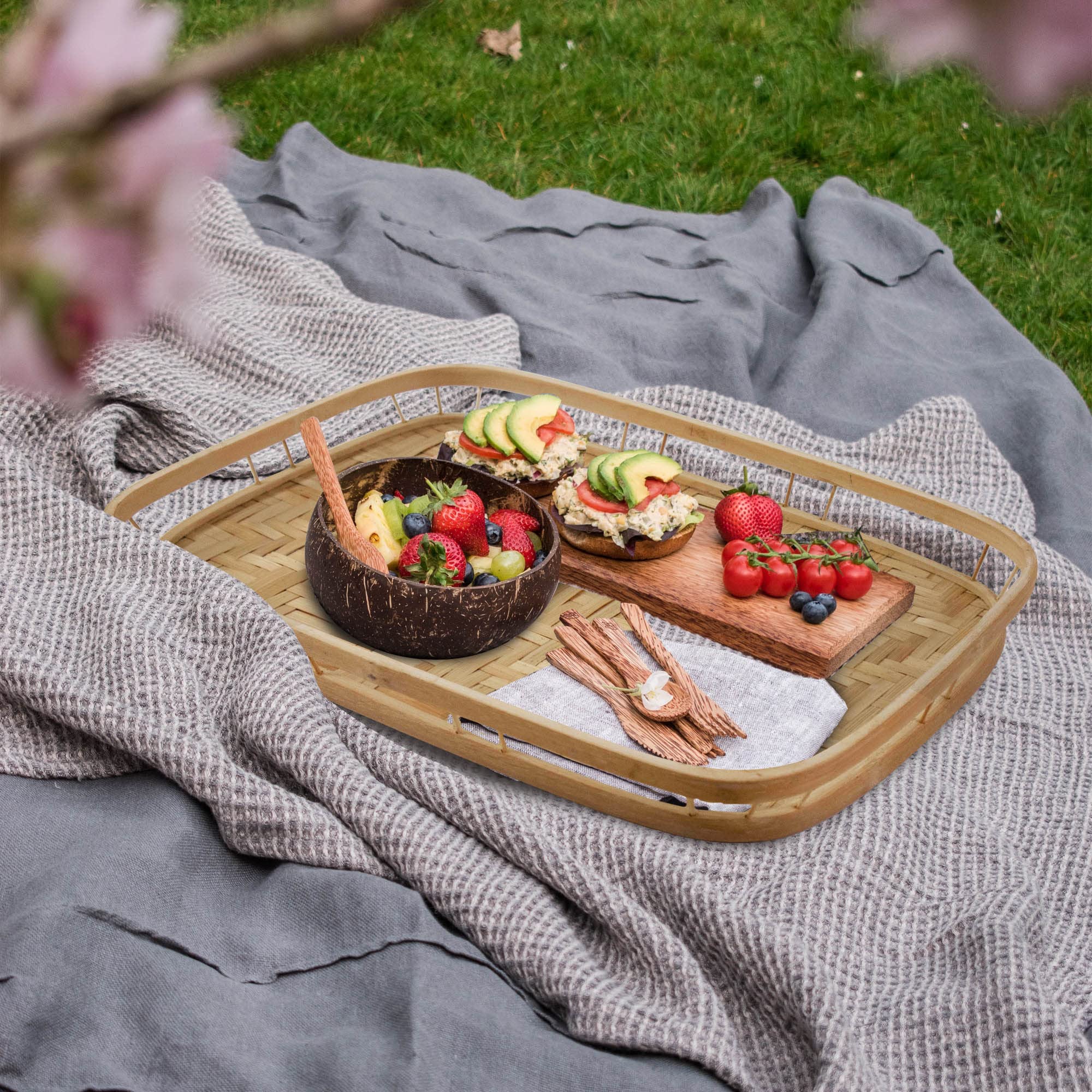 PEMAR Set of 4 Bamboo Wicker Serving Trays for Foods & Drinks, Rectangular Breakfast Trays with Handles Wooden Decorative Trays for Coffee Table Bamboo Home Decor Lap Trays