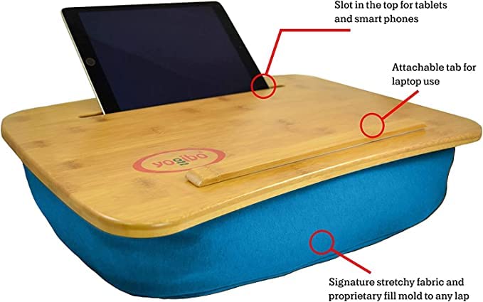 Yogibo Traybo 2.0 Lap Desk, Bamboo Top Lap Desk With Pillow for Laptop Built in Slot for Tablet or Phone, Lap Pad for Working, Reading, Writing, Lap Board, Blue