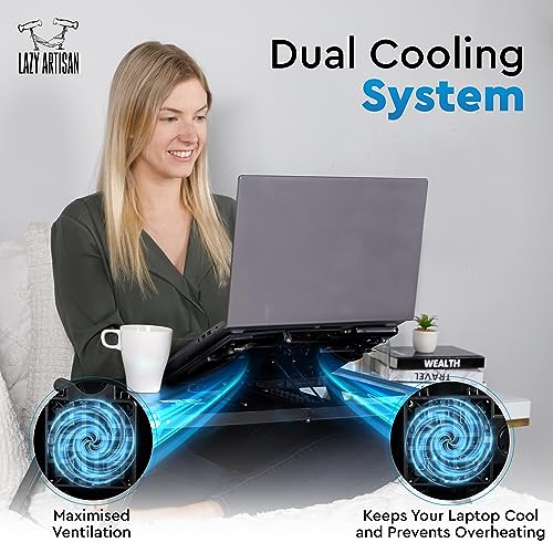 Lazy Artisan Lap Desk for Laptop - Portable Foldable Laptop Bed Desk with Dual USB Cooling Fans and Tablet Clamp with Stopper, Laptop Desk for Reading, Writing, Working in Bed