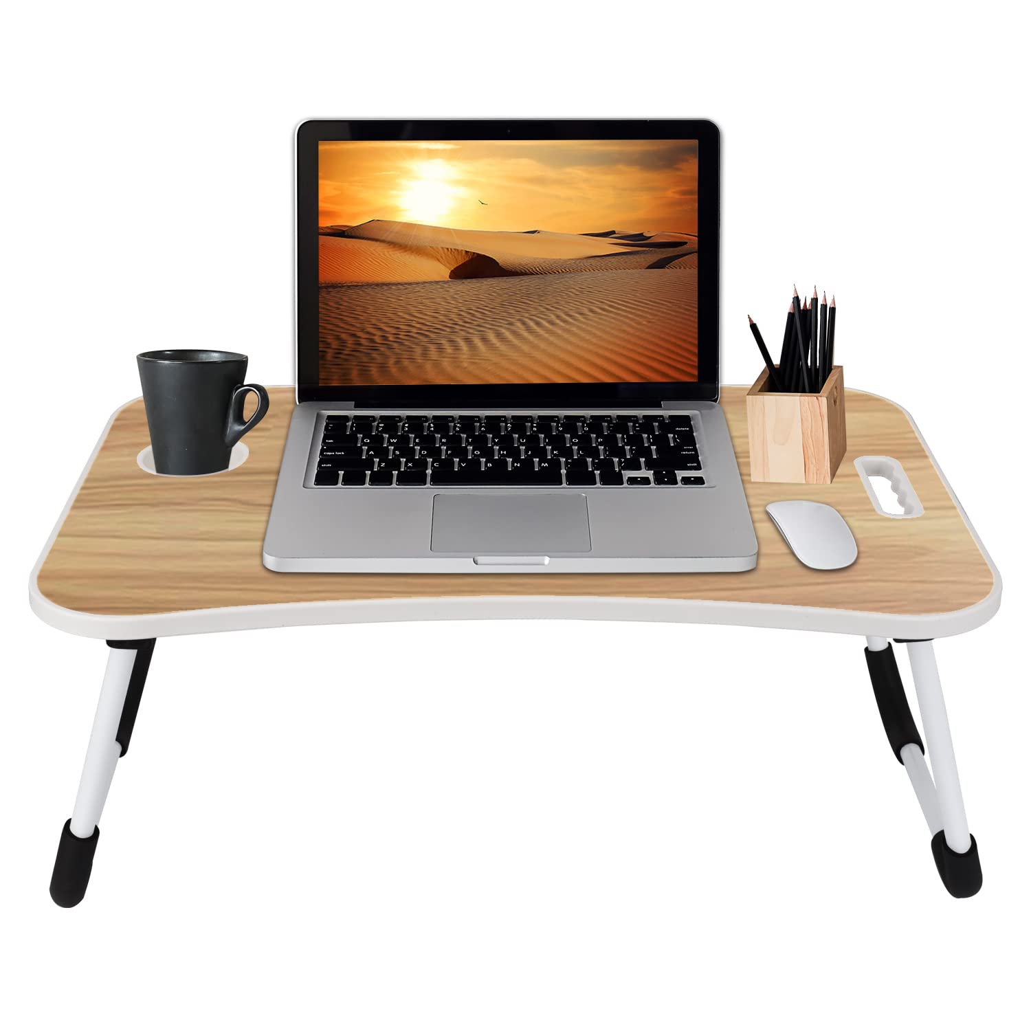 Folding Lap Desk for Bed and Sofa - Portable Wide Surface Bed Desk with Built-in Cup Holder and Tablet or Phone Slot for Working, Studying, Eating, and Watching Movies (Wood)