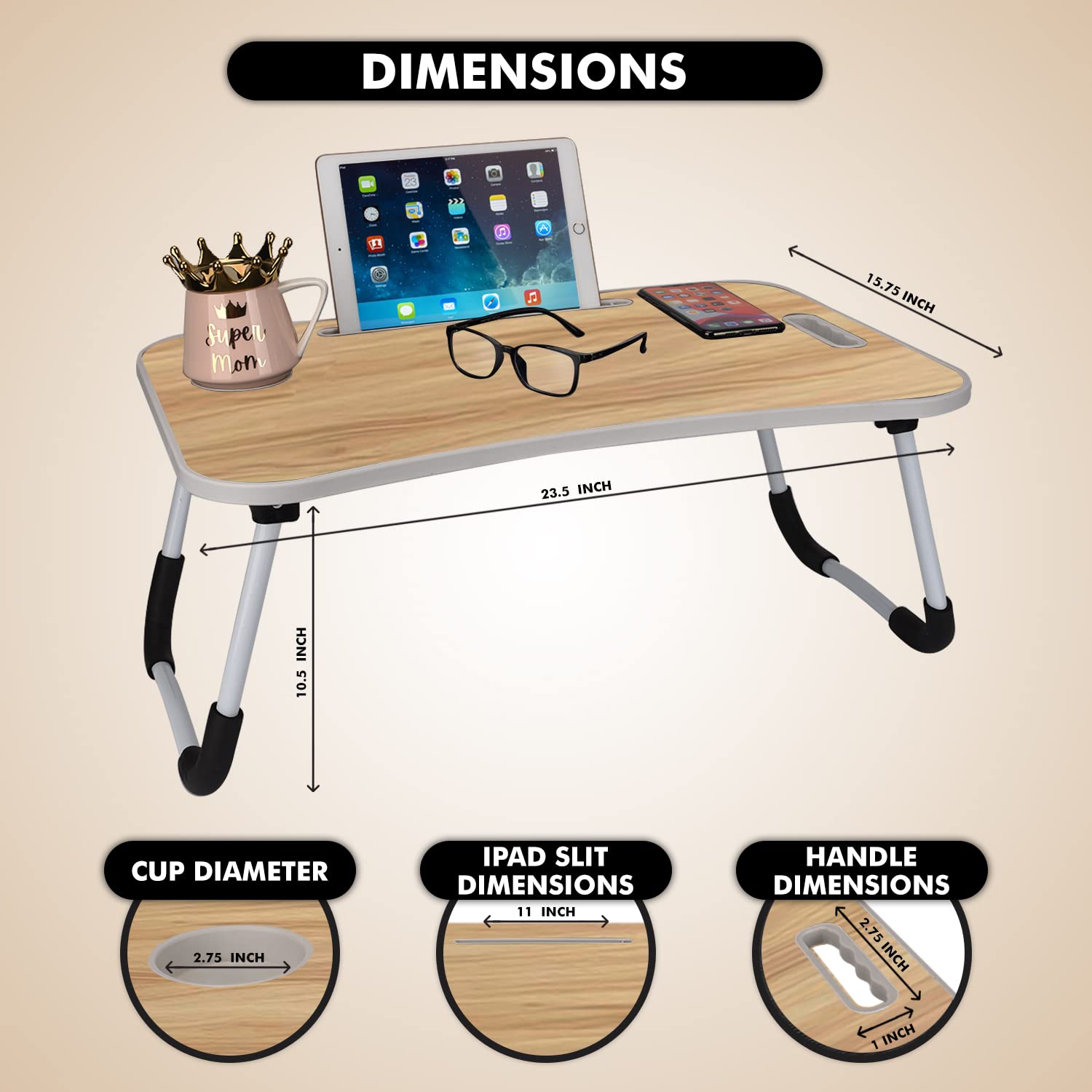 Folding Lap Desk for Bed and Sofa - Portable Wide Surface Bed Desk with Built-in Cup Holder and Tablet or Phone Slot for Working, Studying, Eating, and Watching Movies (Wood)