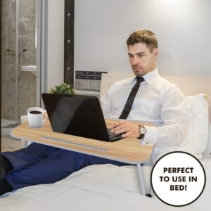 Folding Lap Desk for Bed and Sofa - Portable Wide Surface Bed Desk with Built-in Cup Holder and Tablet or Phone Slot for Working, Studying, Eating, and Watching Movies (Wood)