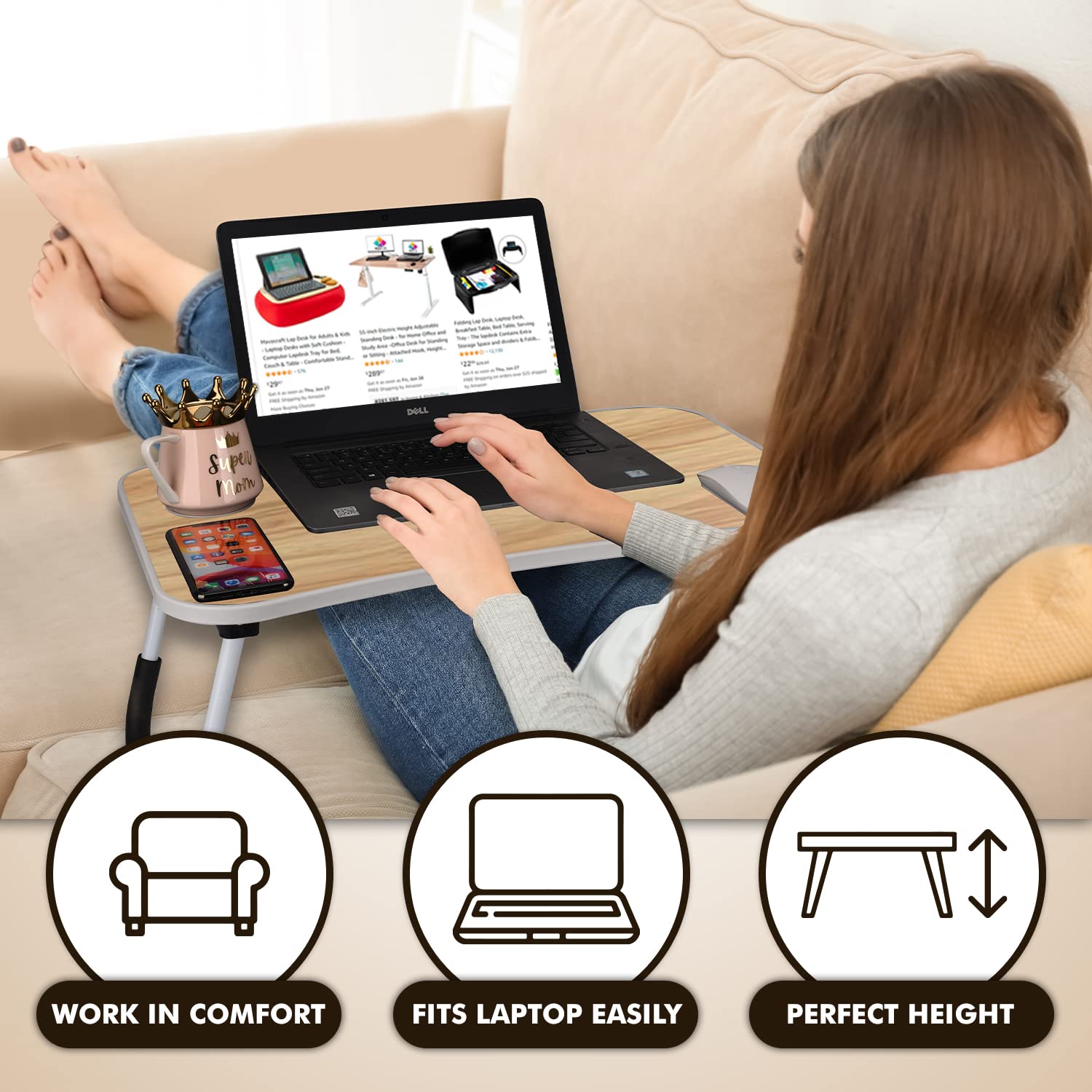 Folding Lap Desk for Bed and Sofa - Portable Wide Surface Bed Desk with Built-in Cup Holder and Tablet or Phone Slot for Working, Studying, Eating, and Watching Movies (Wood)