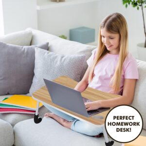 Folding Lap Desk for Bed and Sofa - Portable Wide Surface Bed Desk with Built-in Cup Holder and Tablet or Phone Slot for Working, Studying, Eating, and Watching Movies (Wood)