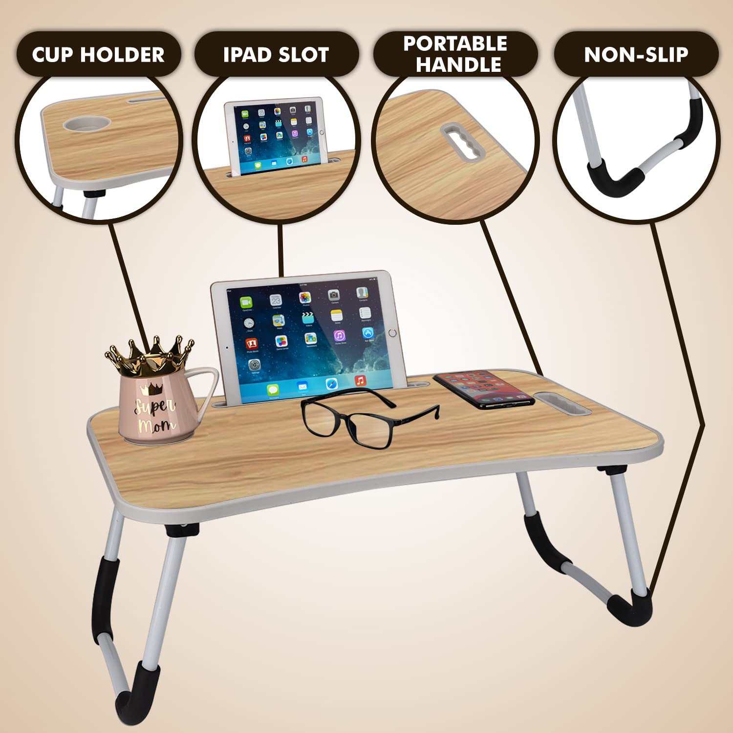 Folding Lap Desk for Bed and Sofa - Portable Wide Surface Bed Desk with Built-in Cup Holder and Tablet or Phone Slot for Working, Studying, Eating, and Watching Movies (Wood)