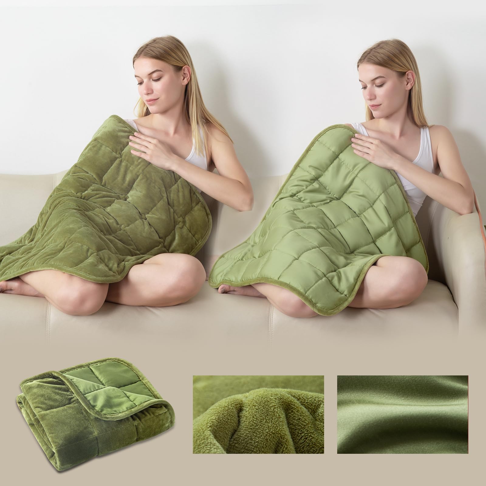 Small Weighted Blanket for Adults and Kids(Double-sided),Weighted Lap Pad 7lbs Throw for Travel,Calming,Relaxation-Reversible Warm Crystal Velvet and Cooling Tencel,Machine Washable,Green 29x24 inches