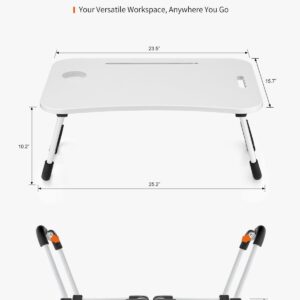 FISYOD Foldable Laptop Table, Portable Lap Desk Bed Table Tray, Laptop Stand with Cup Holder & Tablet Slot & Lifting Handle for Working Writing Drawing & Eating (White)